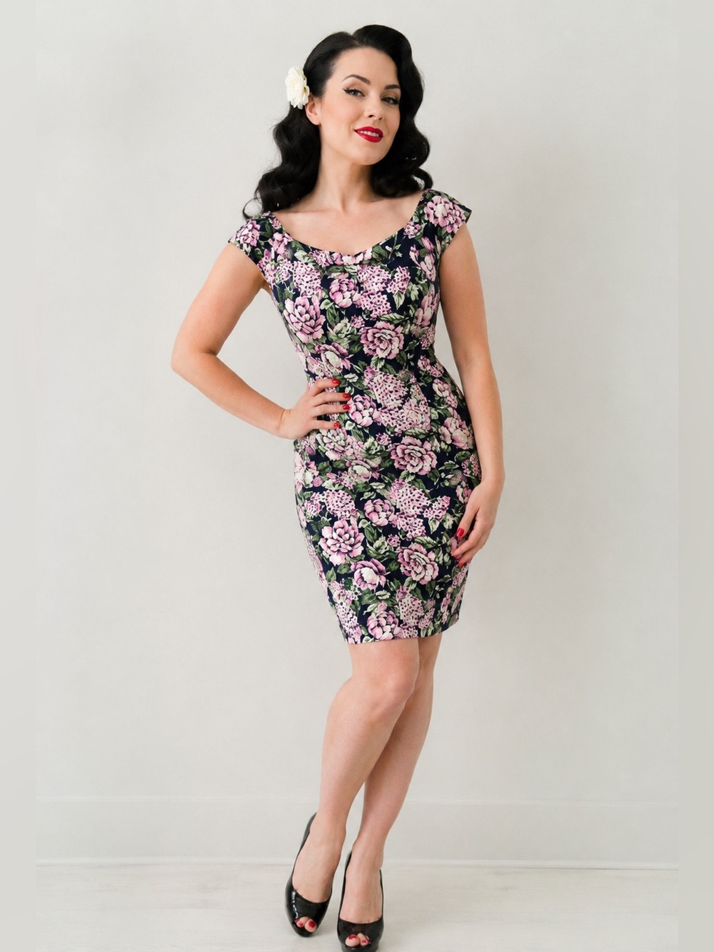 Collectif London Floral Bodycon Dress Retro Rockabilly 50s Stretch Cotton small